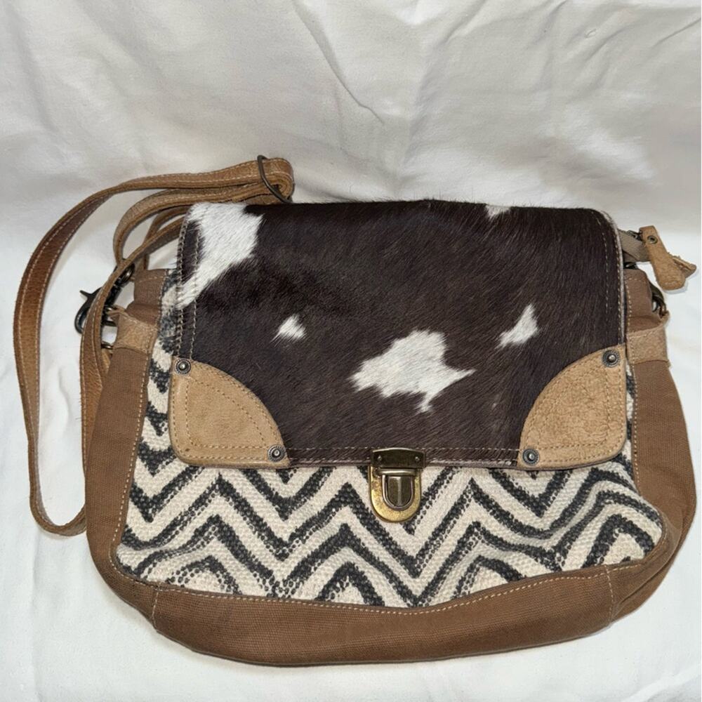 Myra Bag Cow Print Chevron Crossbody Brown Black Leather Canvas Western Bag